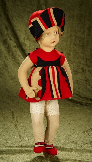 24" Felt 1930s studio doll with unusual hinged walking legs, striped applique costume. $400/500