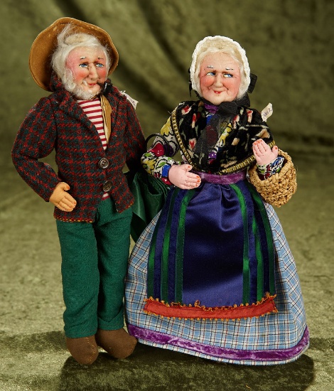 11" Pair, French stockinette village man and woman by Bernard Ravca. $400/500