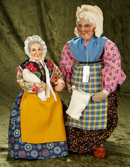 15" & 18" Two French stockinette village ladies, one with baby in bunting, by Ravca. $500/700