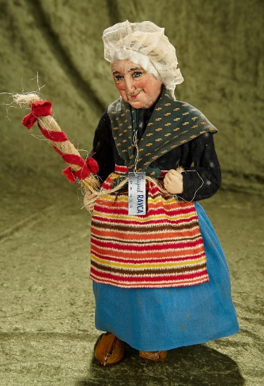 15" French stockinette village woman, bundle of flax, Bernard Ravca candy container doll. $600/800