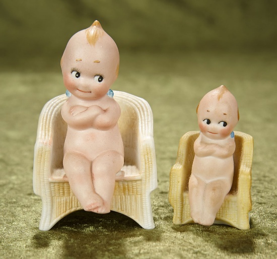 2 1/2" and 3 1/2" German all-bisque Kewpie Folded Arms in Wicker Chair, Companion. $500/750