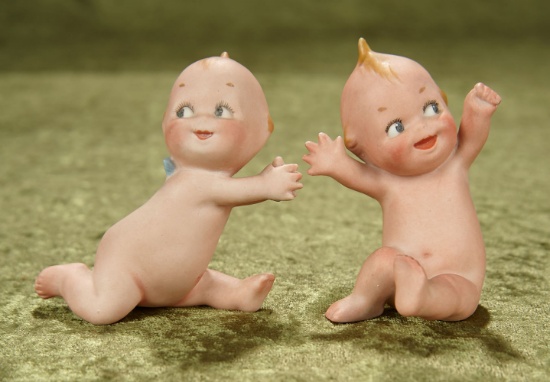 3 1/2" Two German all-bisque Blunderboo Kewpies in playful poses. $300/500