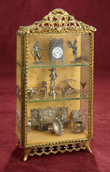 French Brass Miniature Curio Cabinet with Silver Accessories 800/1200