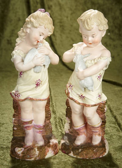 12 1/2" Pair, German bisque figures " Young Children at Play with Pets". $400/600