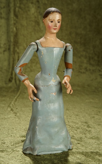 16" Continental early wooden doll with enamel eyes and dowel-jointed arms.