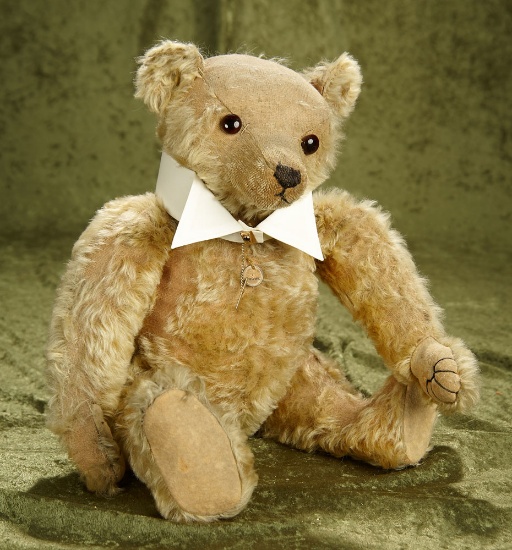 19" Antique English mohair teddy bear by J K Farnell with web-stitched paws.