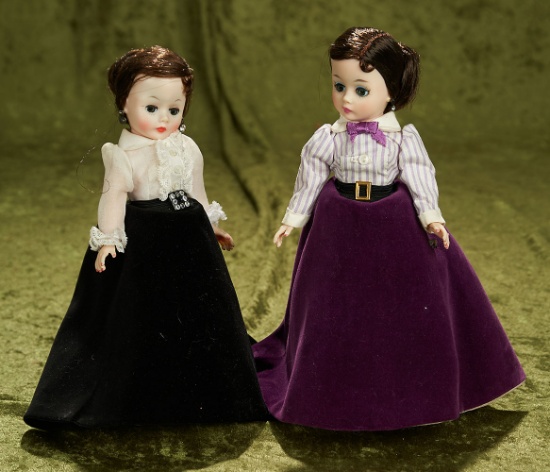 Two 10" Cissette dolls in 19th century fashion, original tags, rare hair styles.