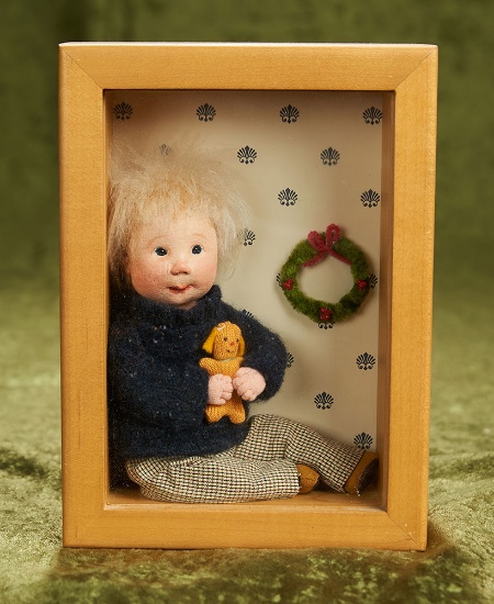 5" x 7" box. Cloth character artist doll "My Pet" by Dianne Dengel, 1980s. $300/400