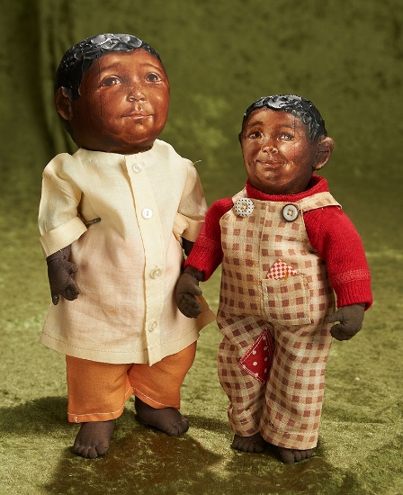 9"-11" Two American cloth black dolls with hand-painted features by Barbara Buysse $500/600