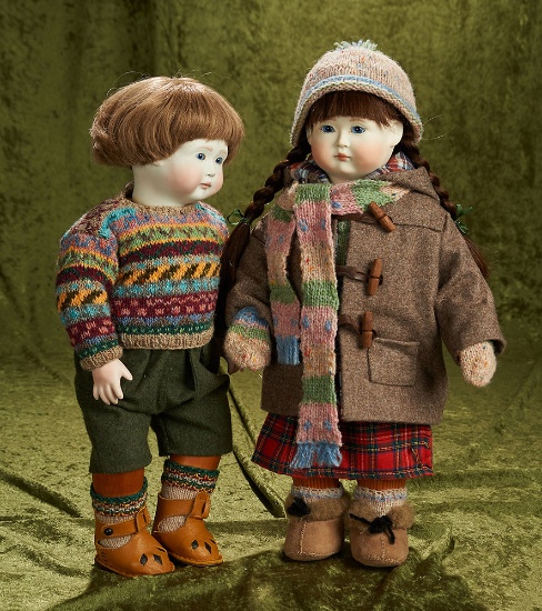 18", Pair, English bisque characters "Freddy" and "Florence" in woolen winter garb. $1000/1200