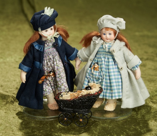 5 1/2" English bisque miniature girls "Minit-Cherie" by Lynn and Michael Roche, 1988. $600/800