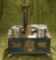 German tin kitchen stove with brass trim and all-original fitted pots and pans.