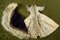 Two costumes for early lady dolls including royal purple velvet cape