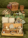 Lot of Victorian celluloid vanity boxes, woven sewing basket, and accessories