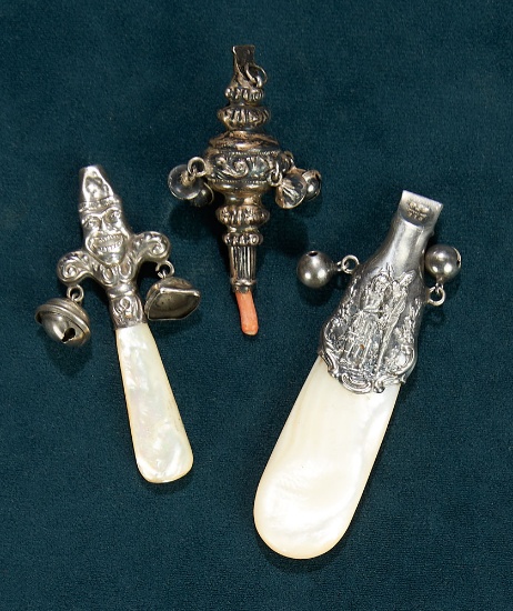 Three Early and Fine Silver Baby Rattles 500/700