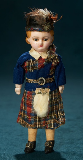 Petite All-Original German Wax-Over-Paper Mache Doll with Sculpted Tam 400/500