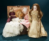 German Bisque Closed Mouth Lady Doll in Fine Antique Gown with Trunk and Trousseau 800/1100