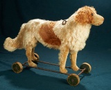 German Mohair Dog with Growler on Wheeled Base by Steiff 300/400