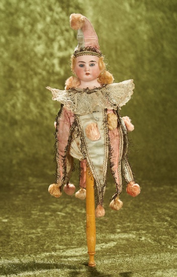16" French bisque marotte with original silk jester costume. $400/500