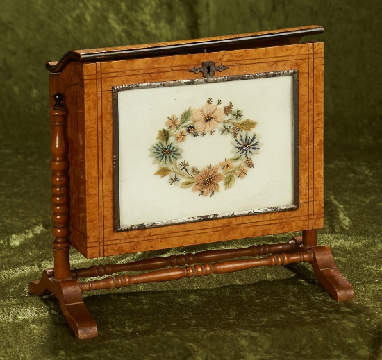 10" Mid-1800s Birdseye Maple Cabinet with Yarn Stitchery.