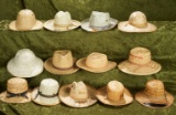 Thirteen doll-sized woven salesman sample hats with original store labels and prices