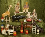 Lot of American wooden circus performers, animals and accessories by Schoenhut