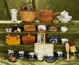 Antique accessories for dolls including toiletries, little dog, tea set, books, basket and more.