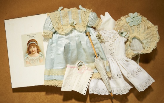 French Blue Silk Dress and Bonnet for Bebe Jumeau, in Original Presentation Box 800/1000