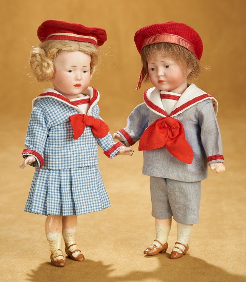 Pair, German Bisque Art Character Dolls, Model 101, by Kammer and Reinhardt 900/1200