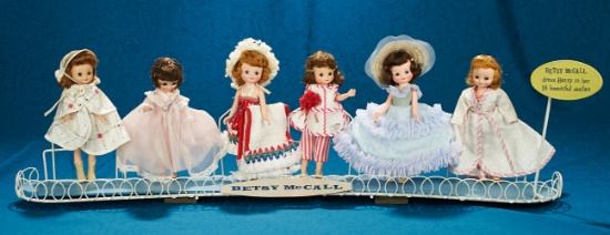 Rare Original Store Display Rack for Betsy McCall Featuring Seven Dolls in 1957 Costumes  900/1300