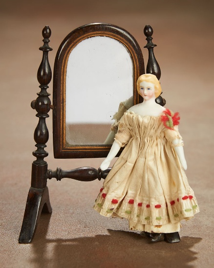 Tiny German Bisque Lady with Original Costume and Psyche Mirror 300/400