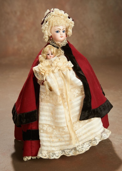 Petite French Bisque Poupee by Gaultier in Original Nanny Costume with Baby 1800/2400