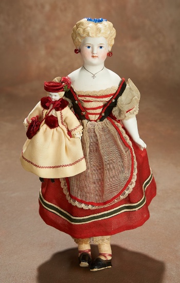 German Bisque Doll with Sculpted Hair and Blue Bow with Her Own Little Doll 600/800