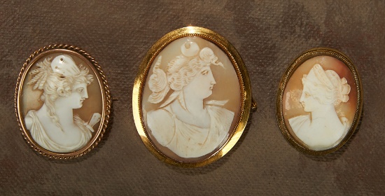 Three Victorian Shell-Carved Cameo Brooches 400/500