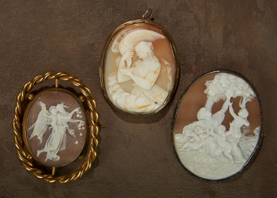 Three Victorian Shell Cameo Brooches with Mythological Themes 600/800