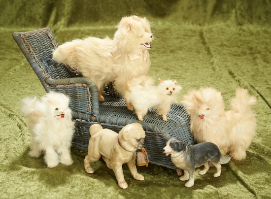 3"-13" Group of French fashion accessories, Samoyed dogs, candy containers, wicker chaise lounge