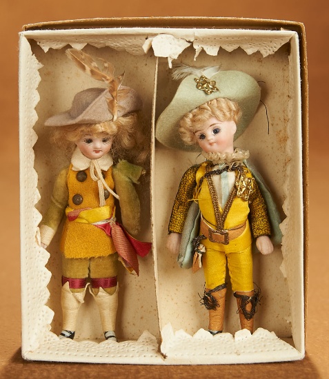 Pair, French All-Bisque Cavaliers in Original Costumes and Box 800/1100