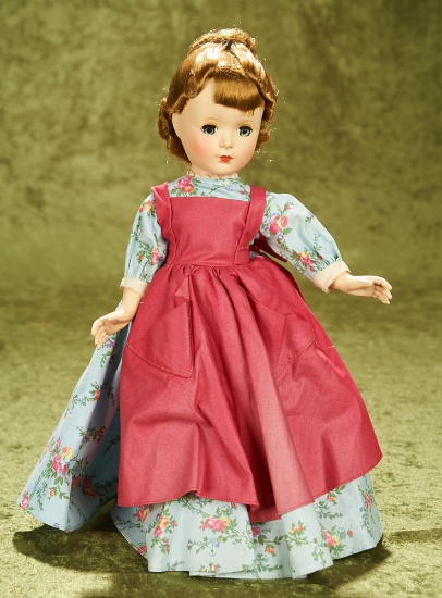 14" Meg From "Little Women" in Blue Print Cotton Dress with Pinafore, 1951