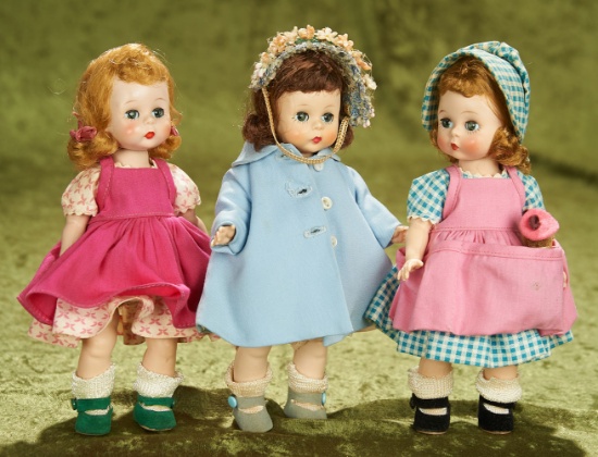 Three 8" straight-leg walker Alexander-kins in tagged costumes c. 1955