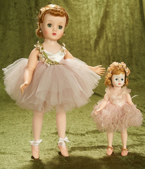 16" Elise Pink Ballerina, 1957 and 10" Cissette Pink Ballerina in Tiered Ruffled Tutu, 1962