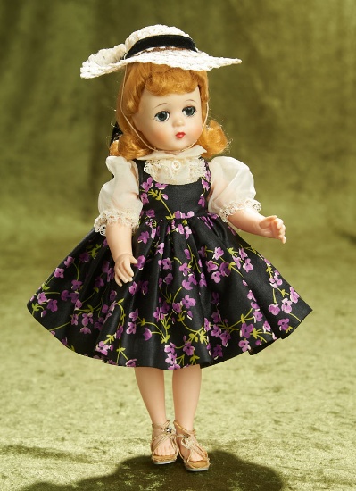 12" Lissy in print pinafore with pale pink organdy puff sleeves, 1957