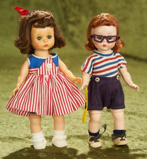 8" Alexander-kins Red, White and Blue Sundress, 1957 and "Wendy Plays Tennis," 1956