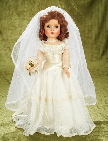 18" Wendy Ann Bride in Satin Gown with Net Overlay and Lace Ruffles, 1950