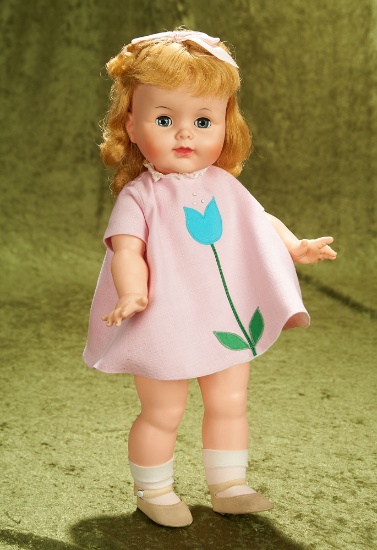 18" Vinyl "Patty" in Pink Linen Dress with Applique Tulip, 1965