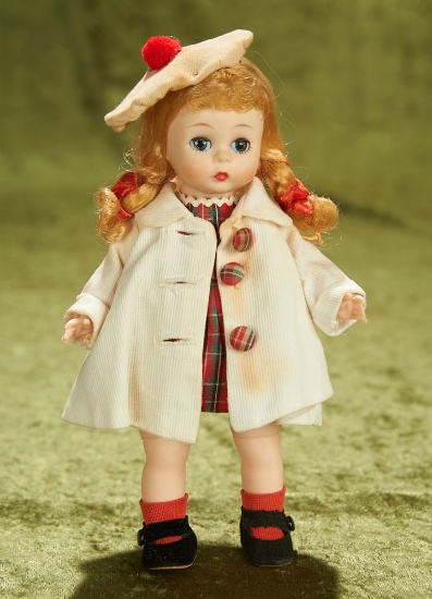 8" Alexander-kins "Wendy on a School Trip," White Twill Jacket with Plaid Dress, 1956