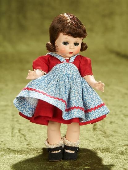 8" Alexander-kins in a Red Cotton Dress with a Blue Print Pinafore, 1953