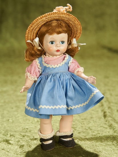 8" Alexander-kins in Polished Blue Cotton Dress Over a Matching Romper, 1953-1954