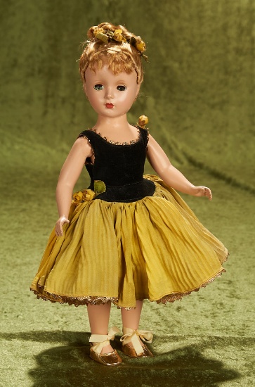 14" Rare Nina Ballerina in a Black Velvet Torso and Gold Pleated Tutu, 1949