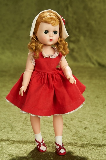 12" Lissy in Red Polished Cotton Dress with a Danish Bonnet, 1956