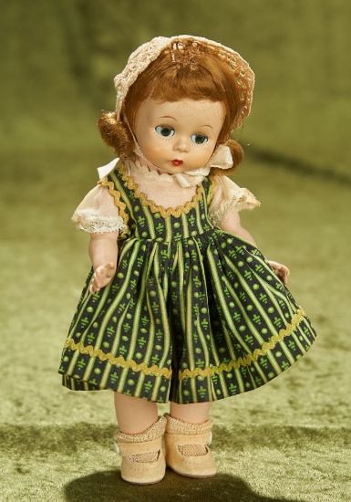8" Alexander-kins in Black and Green Cotton Pinafore Over Matching Bloomers, 1954